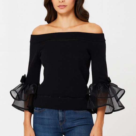 Sweaters - Black Tulle Sleeve Bow Sleeve Sweater